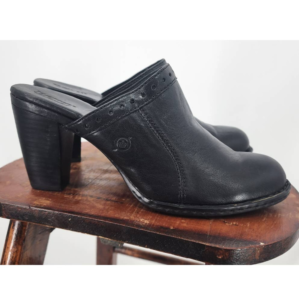 B.O.C. Slip On Black Leather Mule Stacked Heel Size 9 40.5